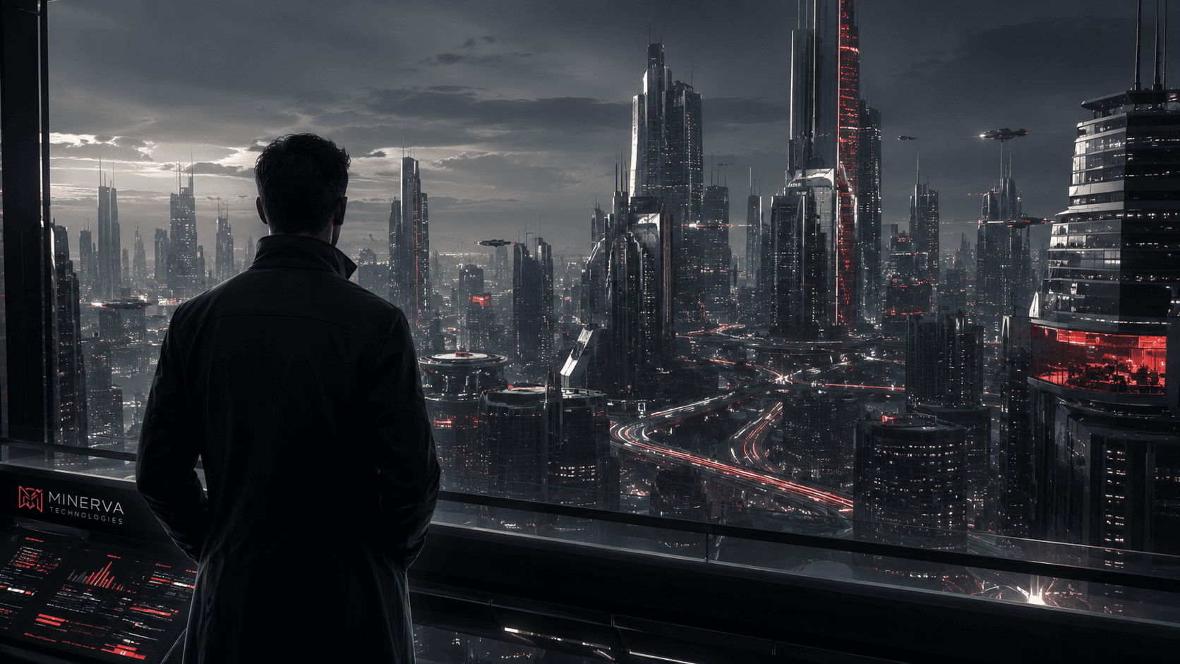 Persona observando una ciudad futurista como simbolo de vision y construccion digital.